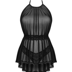Babydoll - 3 Pcs Black Mesh Semi-Transparent Sleepwear with Belt and G-String