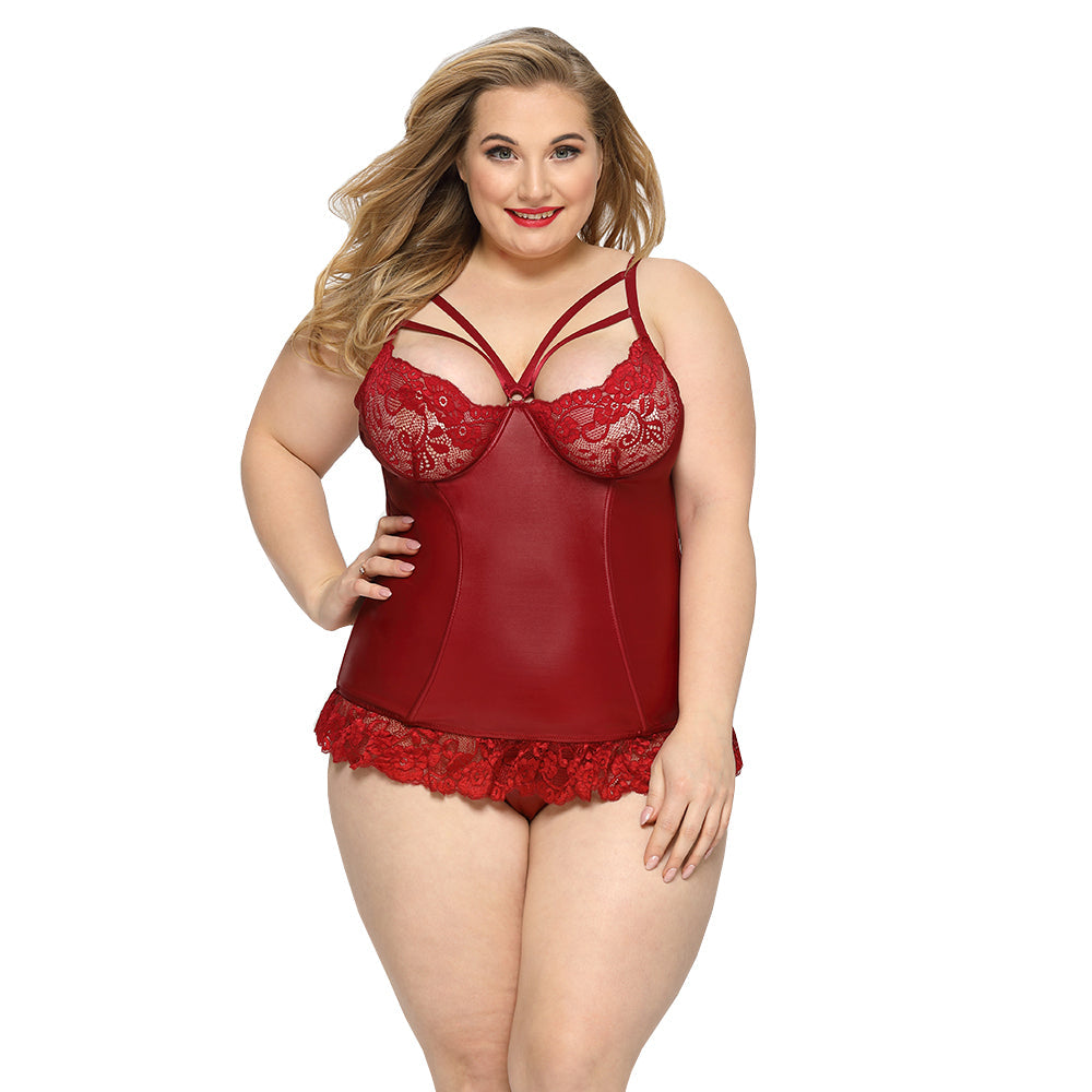 PLUS SIZE Bodysuit - 2 Pcs Red Faux Leather Floral Lace Corset with Hook Back Closure and Matching Thongs – Image 5