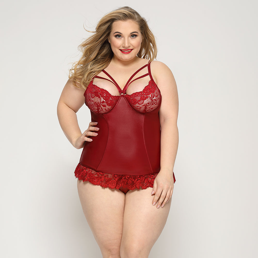 PLUS SIZE Bodysuit - 2 Pcs Red Faux Leather Floral Lace Corset with Hook Back Closure and Matching Thongs – Image 2