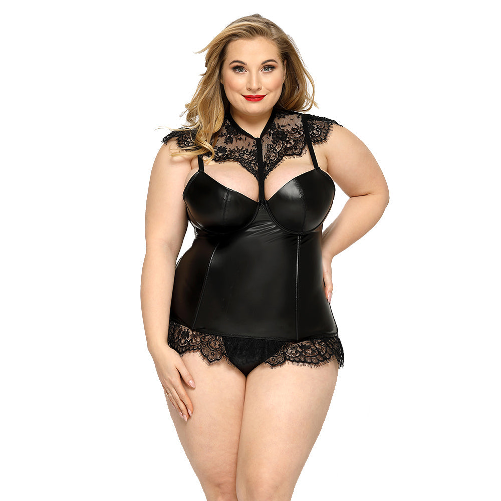 PLUS SIZE Bodysuit - 2 Pcs Black Leather-Look Corset with Floral Lace Trim and Hook Back Closure – Image 5