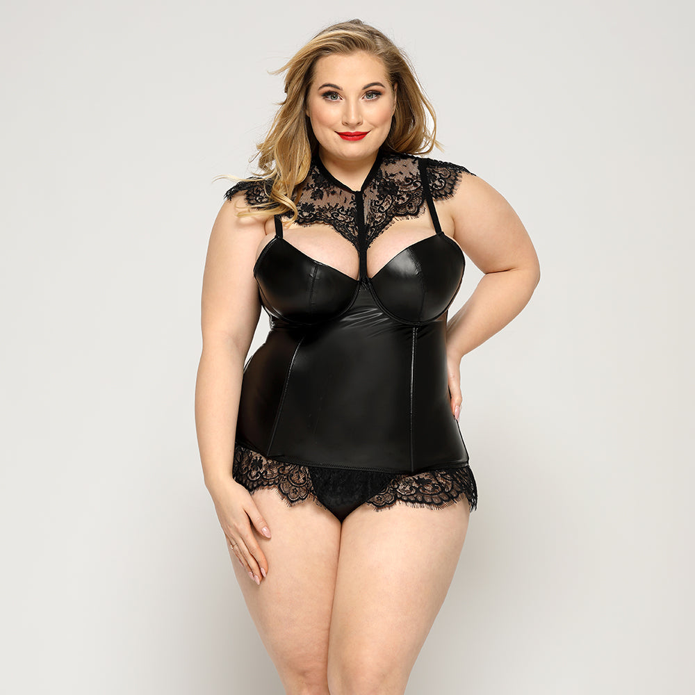 PLUS SIZE Bodysuit - 2 Pcs Black Leather-Look Corset with Floral Lace Trim and Hook Back Closure – Image 2